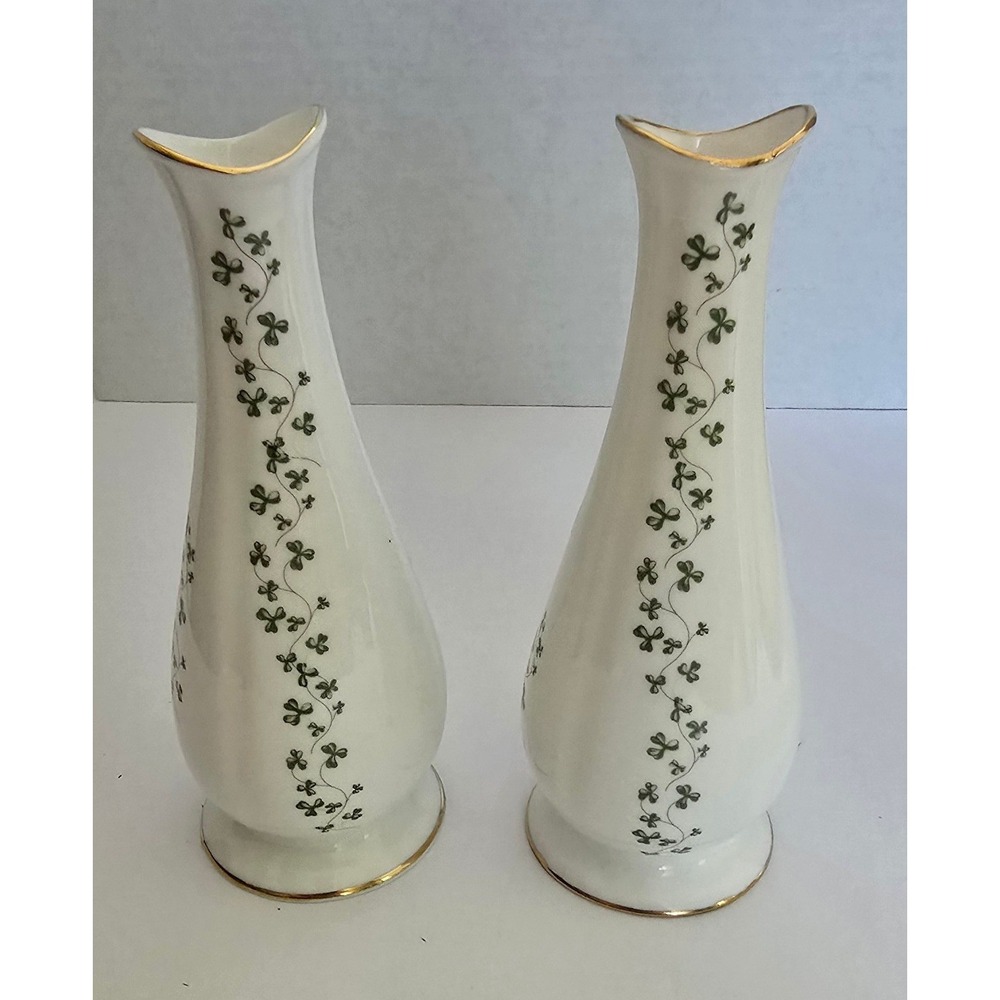 Royal Tara Ireland Fine Bone China Shamrock Bud Vases Pair Gold Rim Galway Irish